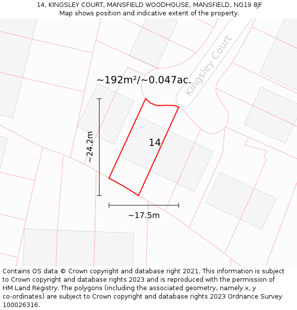 14, KINGSLEY COURT, MANSFIELD WOODHOUSE, MANSFIELD, NG19 8JF: Plot and title map