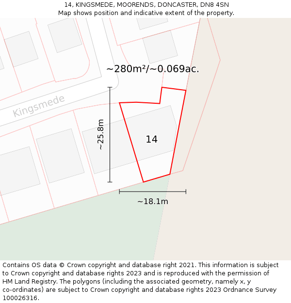 14, KINGSMEDE, MOORENDS, DONCASTER, DN8 4SN: Plot and title map