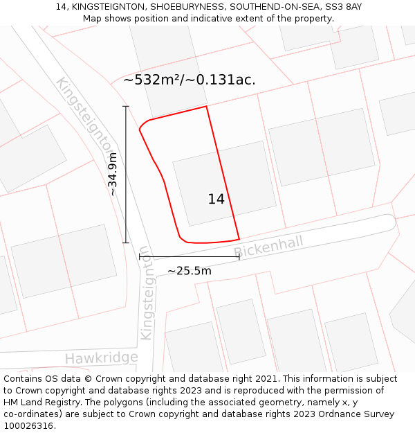 14, KINGSTEIGNTON, SHOEBURYNESS, SOUTHEND-ON-SEA, SS3 8AY: Plot and title map