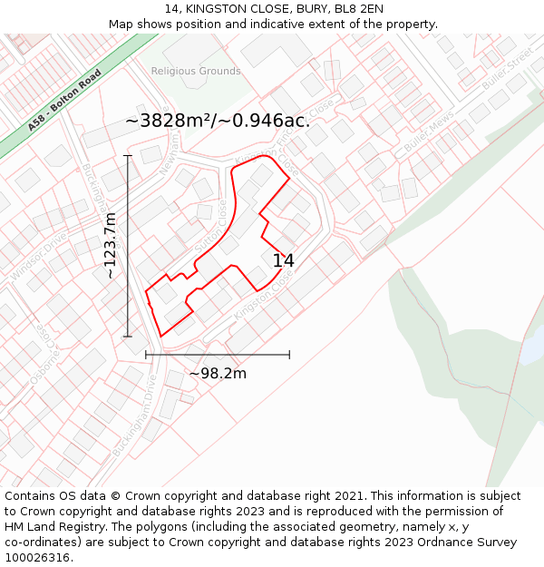 14, KINGSTON CLOSE, BURY, BL8 2EN: Plot and title map