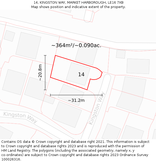 14, KINGSTON WAY, MARKET HARBOROUGH, LE16 7XB: Plot and title map