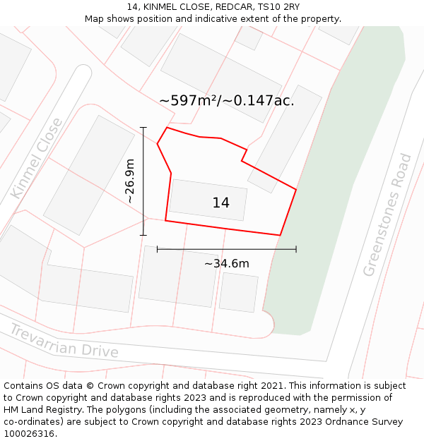 14, KINMEL CLOSE, REDCAR, TS10 2RY: Plot and title map