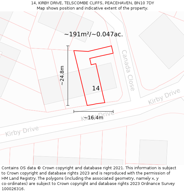 14, KIRBY DRIVE, TELSCOMBE CLIFFS, PEACEHAVEN, BN10 7DY: Plot and title map