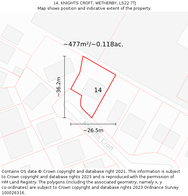 14, KNIGHTS CROFT, WETHERBY, LS22 7TJ: Plot and title map