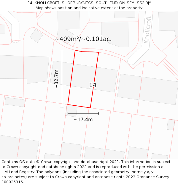 14, KNOLLCROFT, SHOEBURYNESS, SOUTHEND-ON-SEA, SS3 9JY: Plot and title map