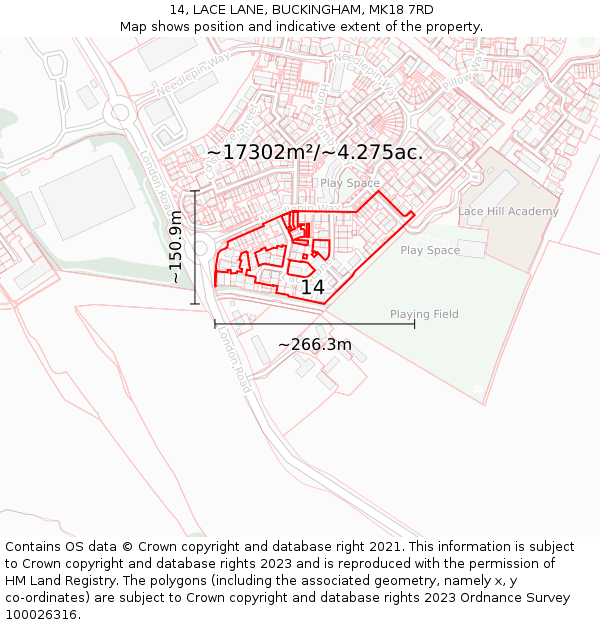 14, LACE LANE, BUCKINGHAM, MK18 7RD: Plot and title map