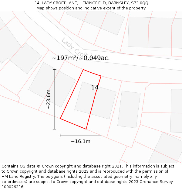 14, LADY CROFT LANE, HEMINGFIELD, BARNSLEY, S73 0QQ: Plot and title map