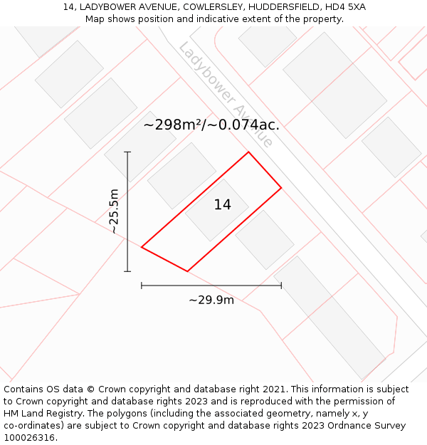 14, LADYBOWER AVENUE, COWLERSLEY, HUDDERSFIELD, HD4 5XA: Plot and title map