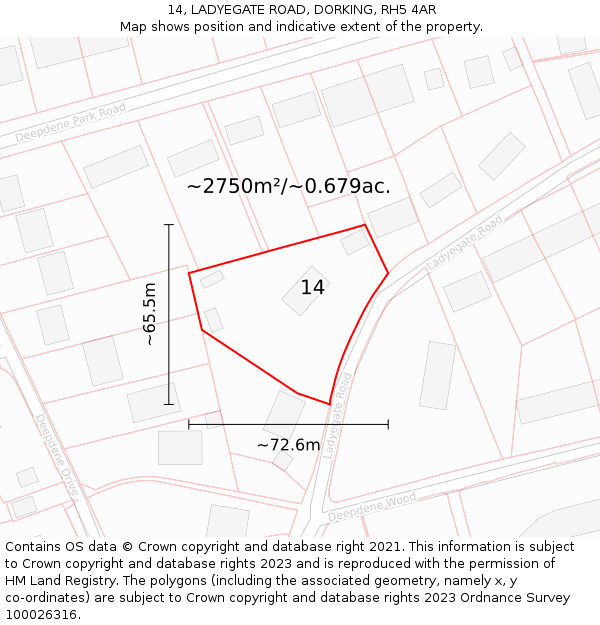 14, LADYEGATE ROAD, DORKING, RH5 4AR: Plot and title map