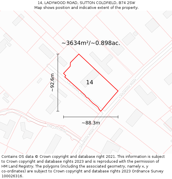 14, LADYWOOD ROAD, SUTTON COLDFIELD, B74 2SW: Plot and title map