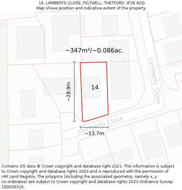 14, LAMBERTS CLOSE, FELTWELL, THETFORD, IP26 4DQ: Plot and title map