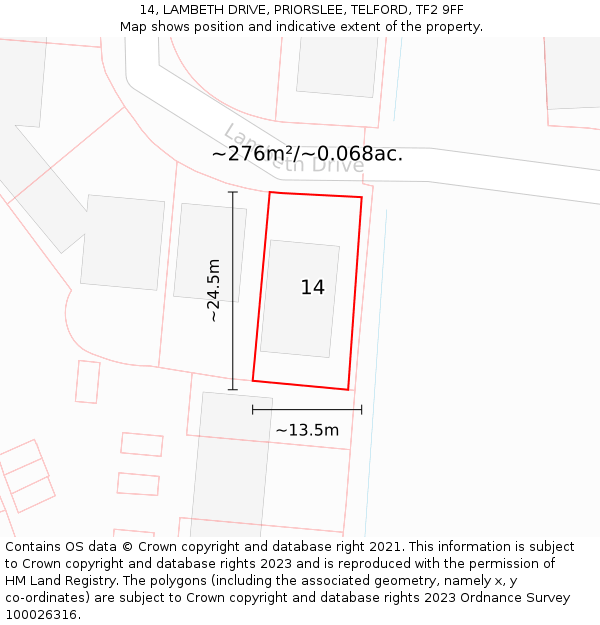 14, LAMBETH DRIVE, PRIORSLEE, TELFORD, TF2 9FF: Plot and title map