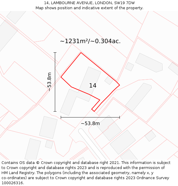 14, LAMBOURNE AVENUE, LONDON, SW19 7DW: Plot and title map