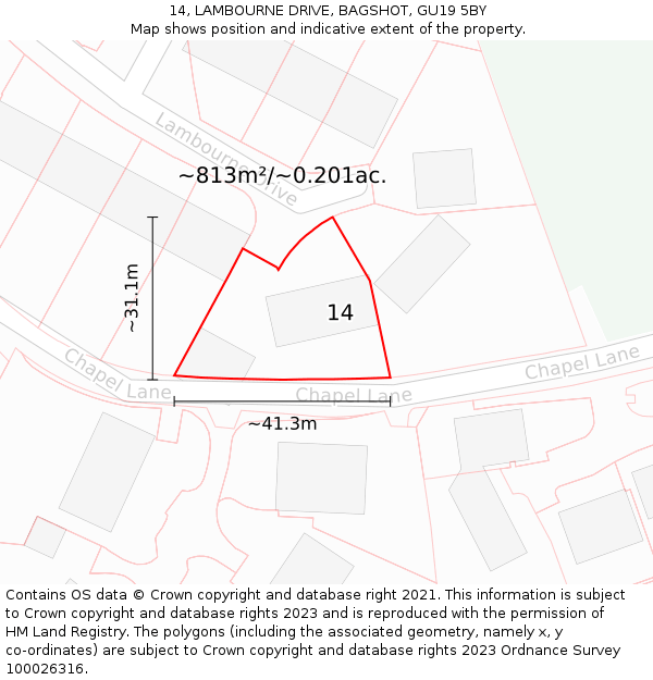 14, LAMBOURNE DRIVE, BAGSHOT, GU19 5BY: Plot and title map