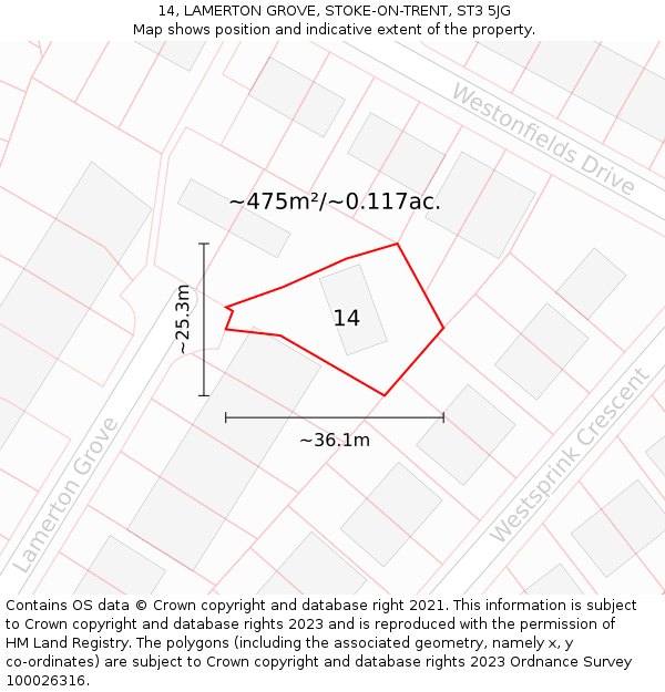 14, LAMERTON GROVE, STOKE-ON-TRENT, ST3 5JG: Plot and title map