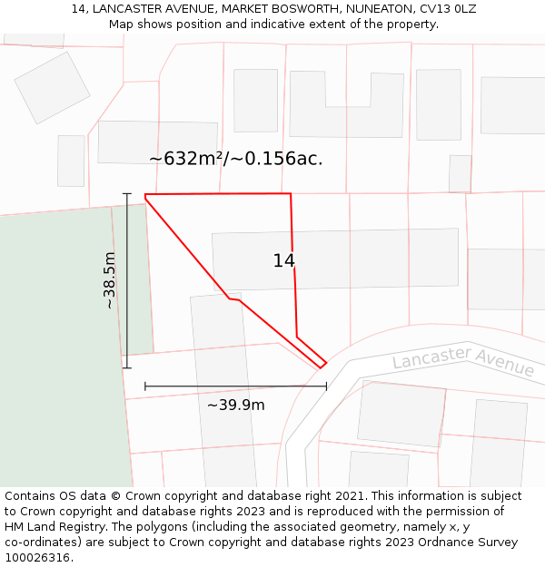 14, LANCASTER AVENUE, MARKET BOSWORTH, NUNEATON, CV13 0LZ: Plot and title map