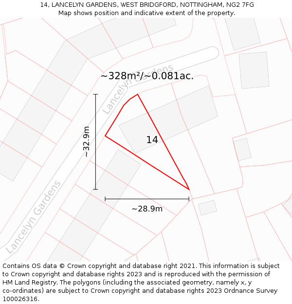 14, LANCELYN GARDENS, WEST BRIDGFORD, NOTTINGHAM, NG2 7FG: Plot and title map