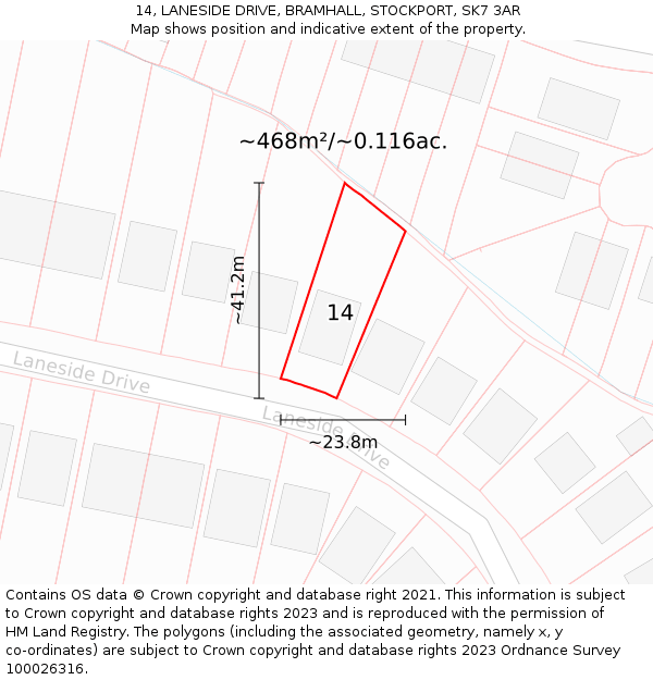 14, LANESIDE DRIVE, BRAMHALL, STOCKPORT, SK7 3AR: Plot and title map