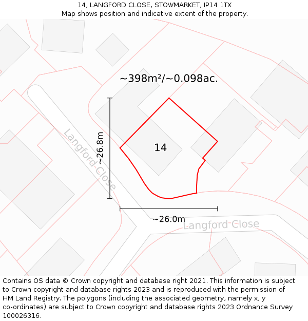 14, LANGFORD CLOSE, STOWMARKET, IP14 1TX: Plot and title map