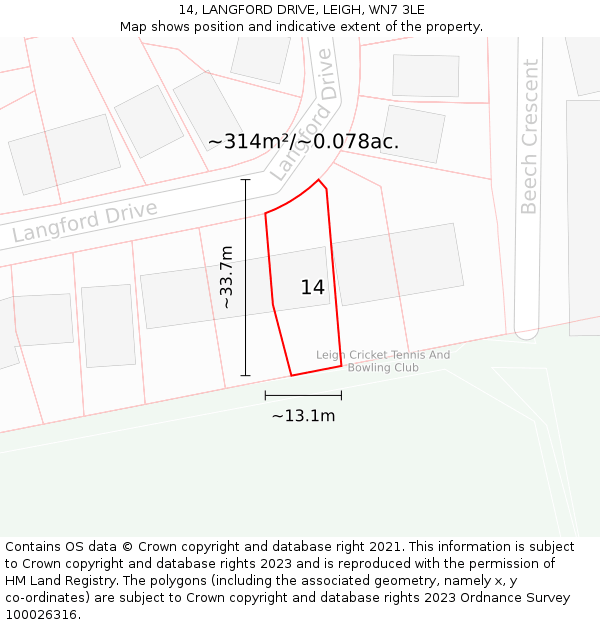 14, LANGFORD DRIVE, LEIGH, WN7 3LE: Plot and title map