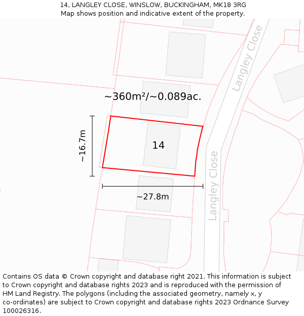 14, LANGLEY CLOSE, WINSLOW, BUCKINGHAM, MK18 3RG: Plot and title map