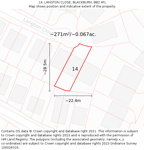 14, LANGTON CLOSE, BLACKBURN, BB2 4FL: Plot and title map