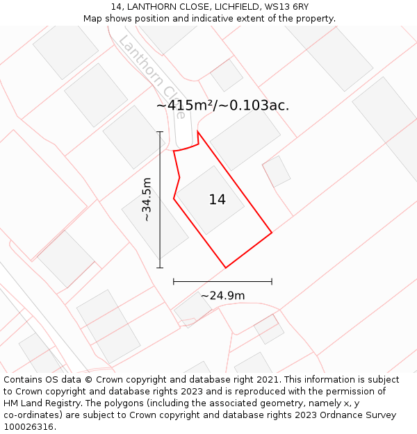 14, LANTHORN CLOSE, LICHFIELD, WS13 6RY: Plot and title map