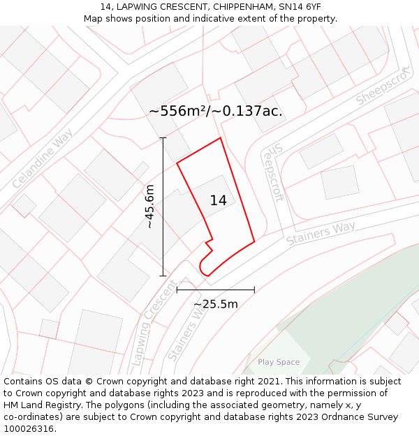 14, LAPWING CRESCENT, CHIPPENHAM, SN14 6YF: Plot and title map