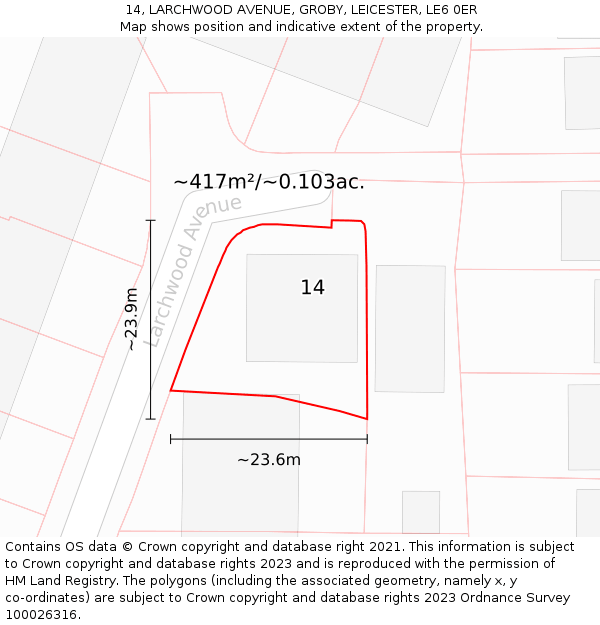 14, LARCHWOOD AVENUE, GROBY, LEICESTER, LE6 0ER: Plot and title map