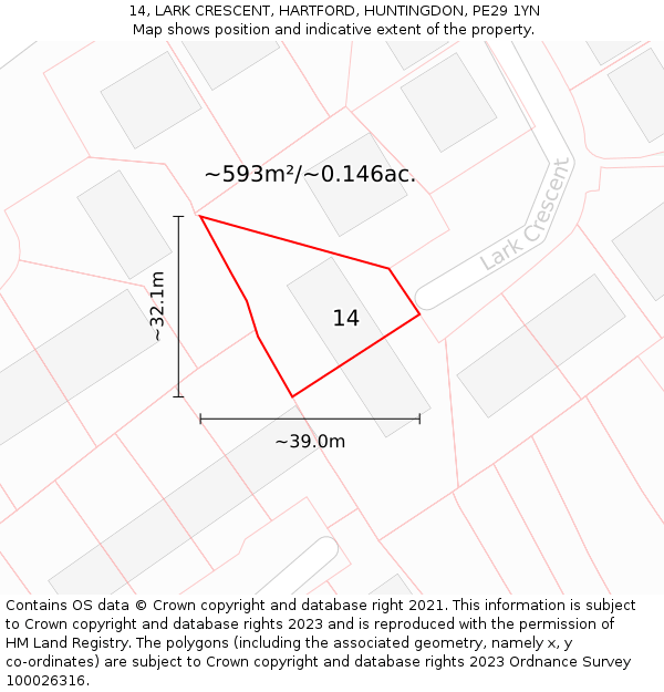 14, LARK CRESCENT, HARTFORD, HUNTINGDON, PE29 1YN: Plot and title map