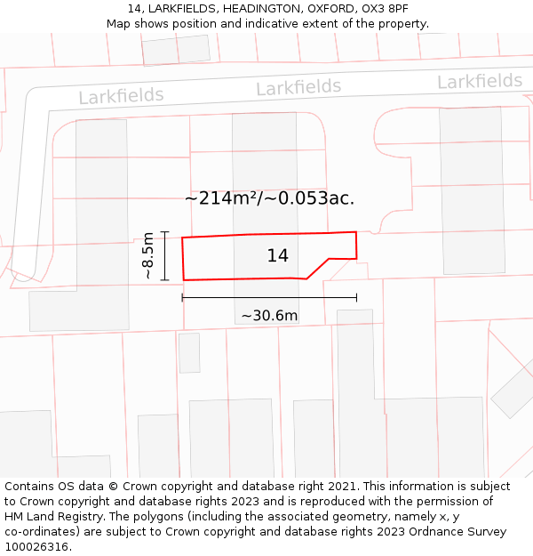 14, LARKFIELDS, HEADINGTON, OXFORD, OX3 8PF: Plot and title map