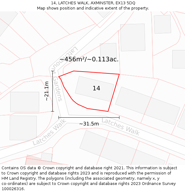 14, LATCHES WALK, AXMINSTER, EX13 5DQ: Plot and title map