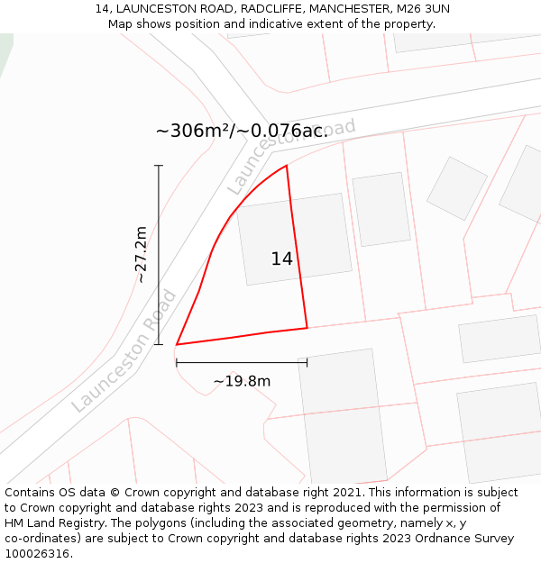 14, LAUNCESTON ROAD, RADCLIFFE, MANCHESTER, M26 3UN: Plot and title map