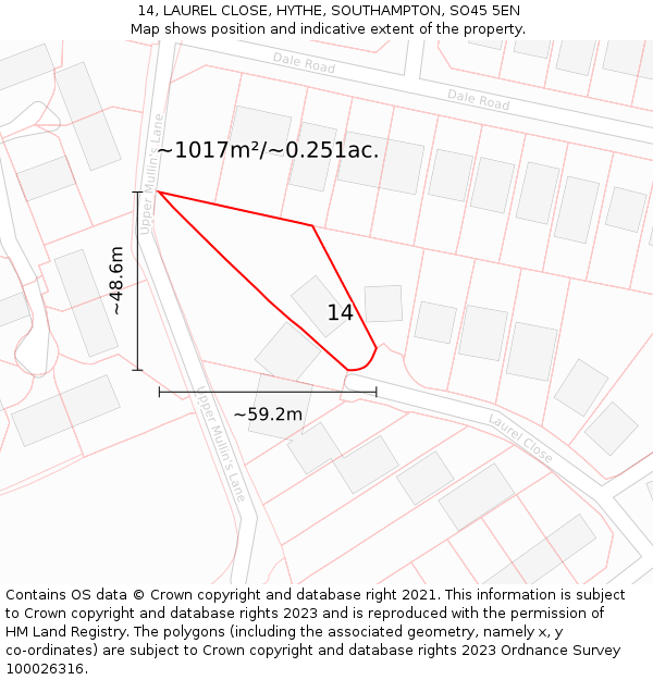 14, LAUREL CLOSE, HYTHE, SOUTHAMPTON, SO45 5EN: Plot and title map