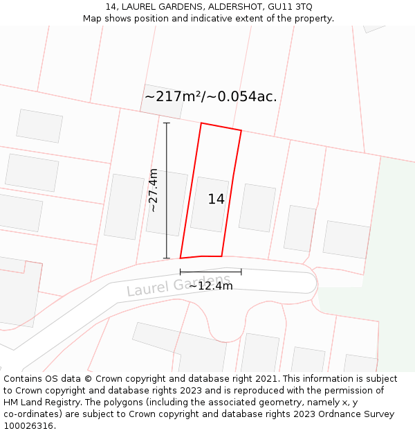 14, LAUREL GARDENS, ALDERSHOT, GU11 3TQ: Plot and title map