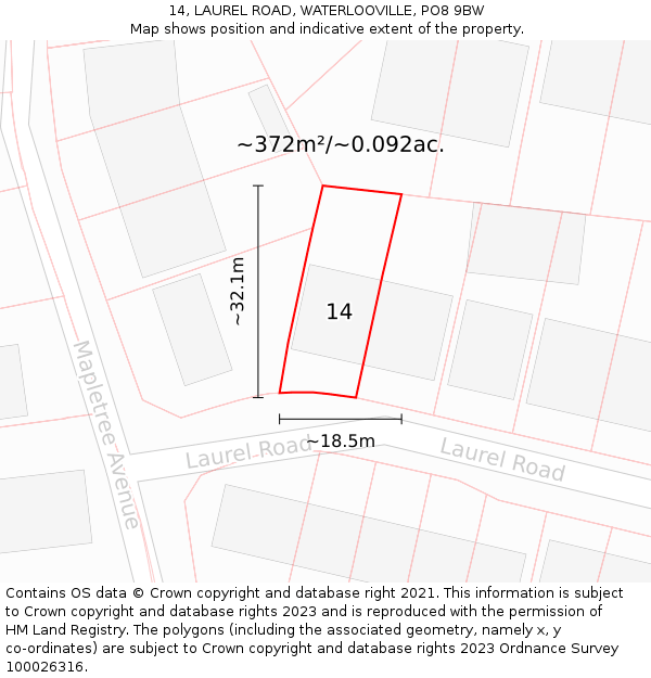 14, LAUREL ROAD, WATERLOOVILLE, PO8 9BW: Plot and title map