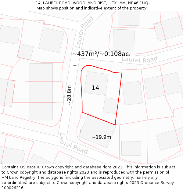 14, LAUREL ROAD, WOODLAND RISE, HEXHAM, NE46 1UQ: Plot and title map