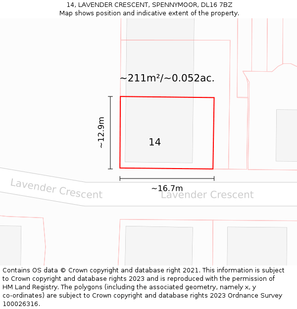 14, LAVENDER CRESCENT, SPENNYMOOR, DL16 7BZ: Plot and title map