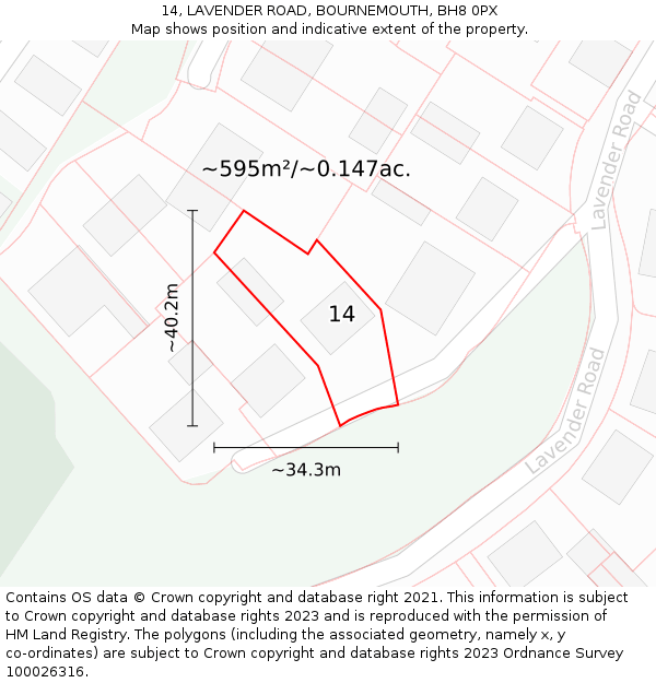 14, LAVENDER ROAD, BOURNEMOUTH, BH8 0PX: Plot and title map