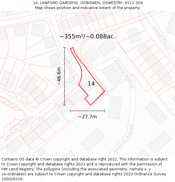 14, LAWFORD GARDENS, GOBOWEN, OSWESTRY, SY11 3GX: Plot and title map