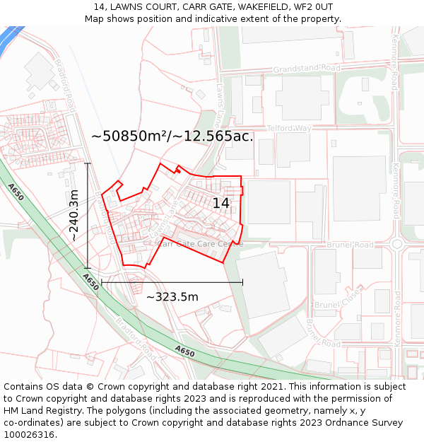 14, LAWNS COURT, CARR GATE, WAKEFIELD, WF2 0UT: Plot and title map