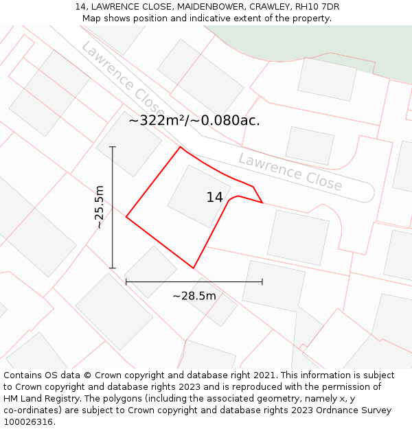 14, LAWRENCE CLOSE, MAIDENBOWER, CRAWLEY, RH10 7DR: Plot and title map
