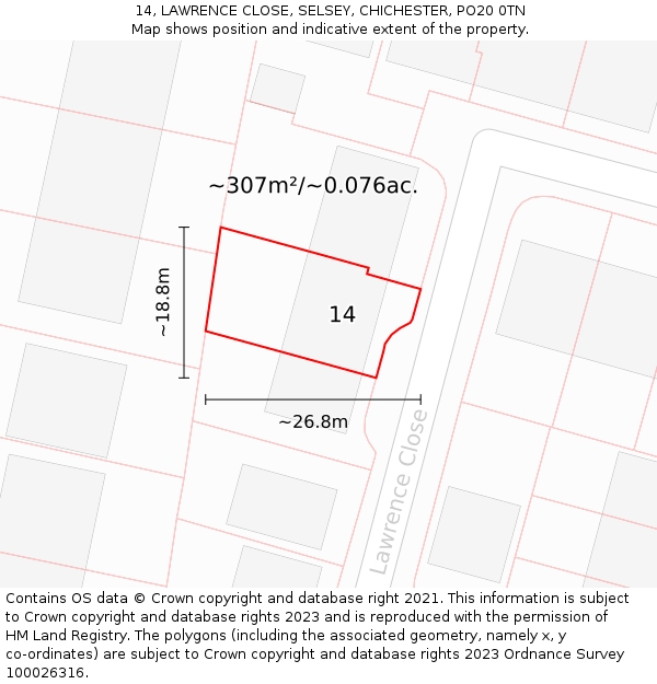 14, LAWRENCE CLOSE, SELSEY, CHICHESTER, PO20 0TN: Plot and title map