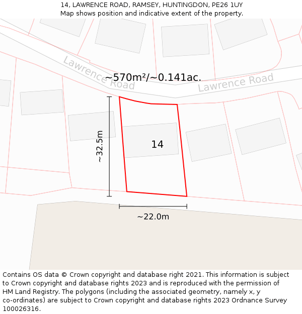 14, LAWRENCE ROAD, RAMSEY, HUNTINGDON, PE26 1UY: Plot and title map