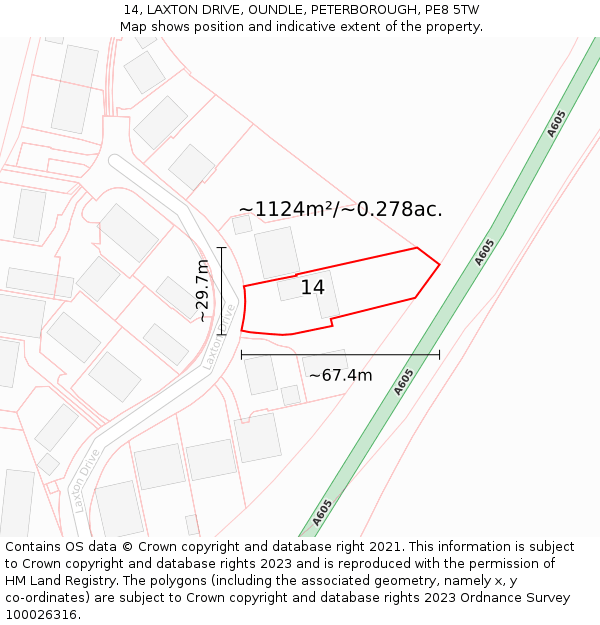 14, LAXTON DRIVE, OUNDLE, PETERBOROUGH, PE8 5TW: Plot and title map