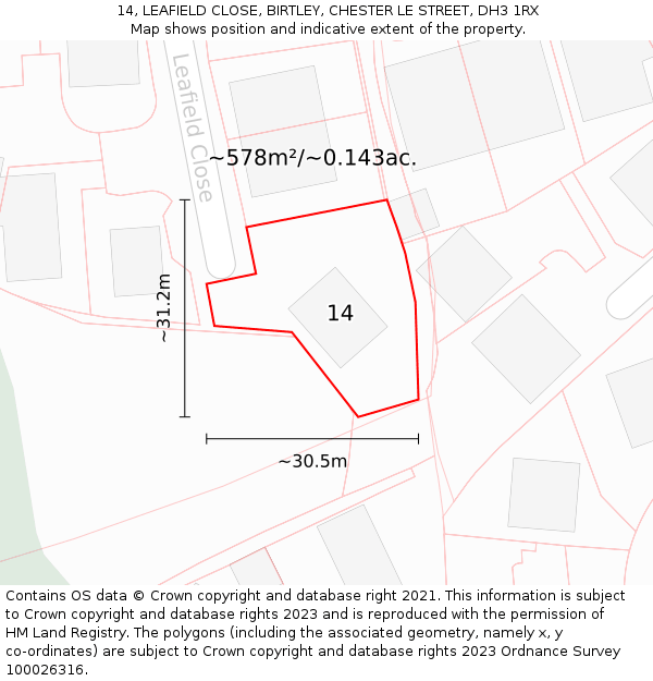 14, LEAFIELD CLOSE, BIRTLEY, CHESTER LE STREET, DH3 1RX: Plot and title map