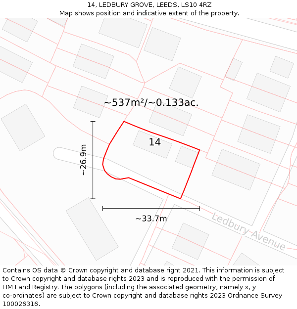 14, LEDBURY GROVE, LEEDS, LS10 4RZ: Plot and title map