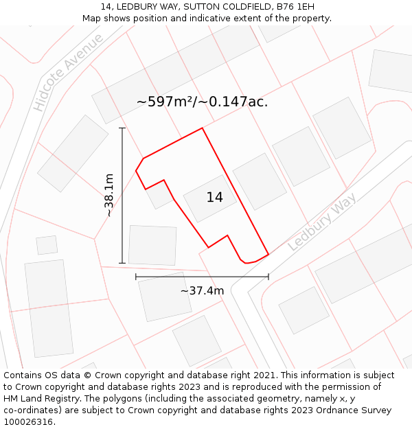 14, LEDBURY WAY, SUTTON COLDFIELD, B76 1EH: Plot and title map