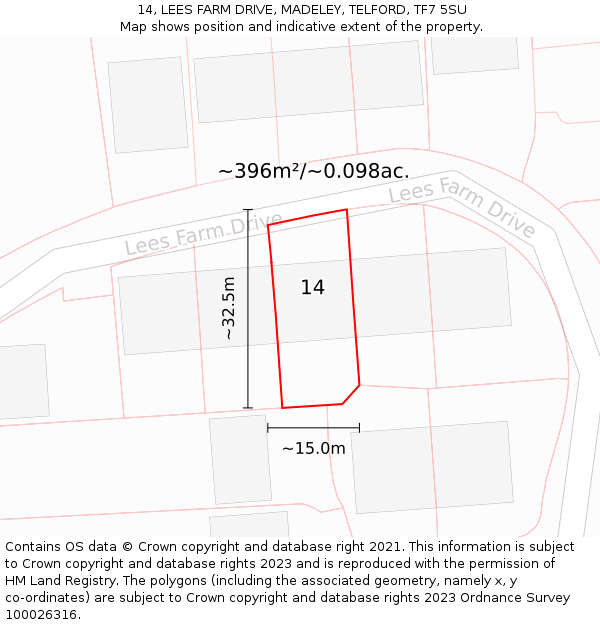 14, LEES FARM DRIVE, MADELEY, TELFORD, TF7 5SU: Plot and title map