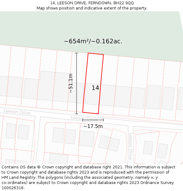 14, LEESON DRIVE, FERNDOWN, BH22 9QQ: Plot and title map